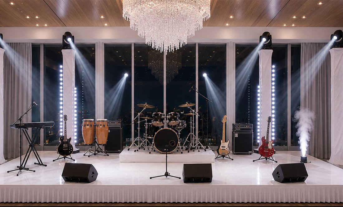Professional stage, sound and lighting setup for a Riviera Maya event